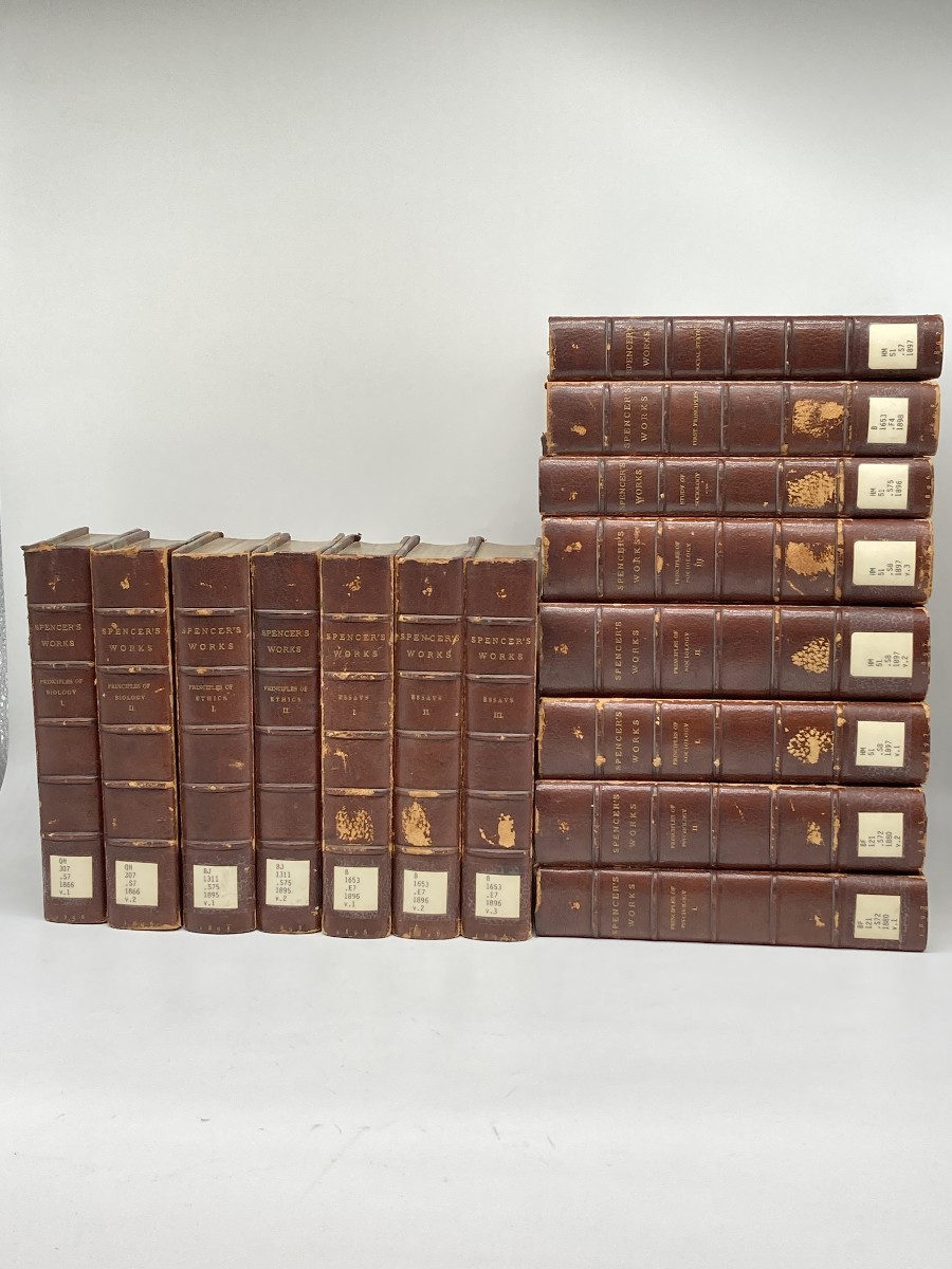 Works of Spencer (1890s) 15 Volume Set; Principles of Biology (1 and 2) ; Ethics (1 and 2) ; Essays (1, 2, and 3) ; Psychology (1 and 2) ; Sociology (1, 2, 3, Study of Sociology, and Social Statistics) ; First Principles