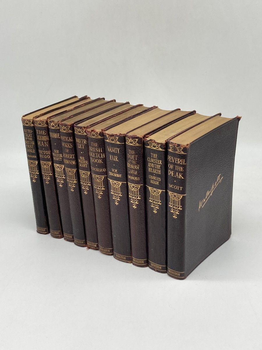 Lot of 10 Vintage, Leather Classics (Ca. 1910) ; Ivanhoe; Autocrat of the Breakfast Table; Poet At the Breakfast Table; Poetical Works of Robert Browning; Waver Ley; the Laughing Man; Irish Sketch Book; Vanity Fair; Cloister and the Hearth; Peveril of the Peak