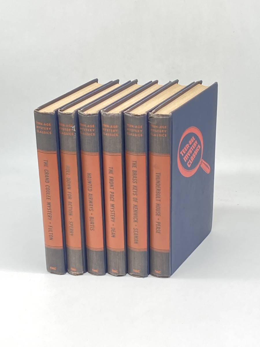 6 Vintage Teen-Age Mystery Classics Books; Thunderbolt House; Brass Keys of Kenwick; Front Page Mystery; Haunted Airways; Hull-Down for Action; Grancoulee Mystery