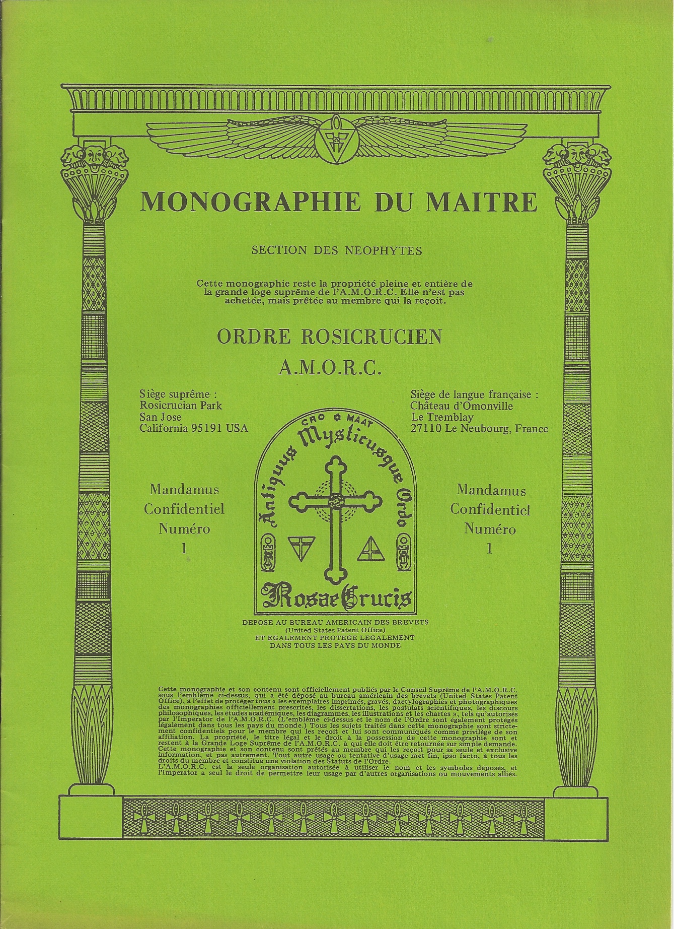 COLLECTIF - Monographie Du Maitre, Section Des Neophytes, Ordre Rosicrucien A.M. O.C. Mandamus Confidentiel Numero 1 - 6