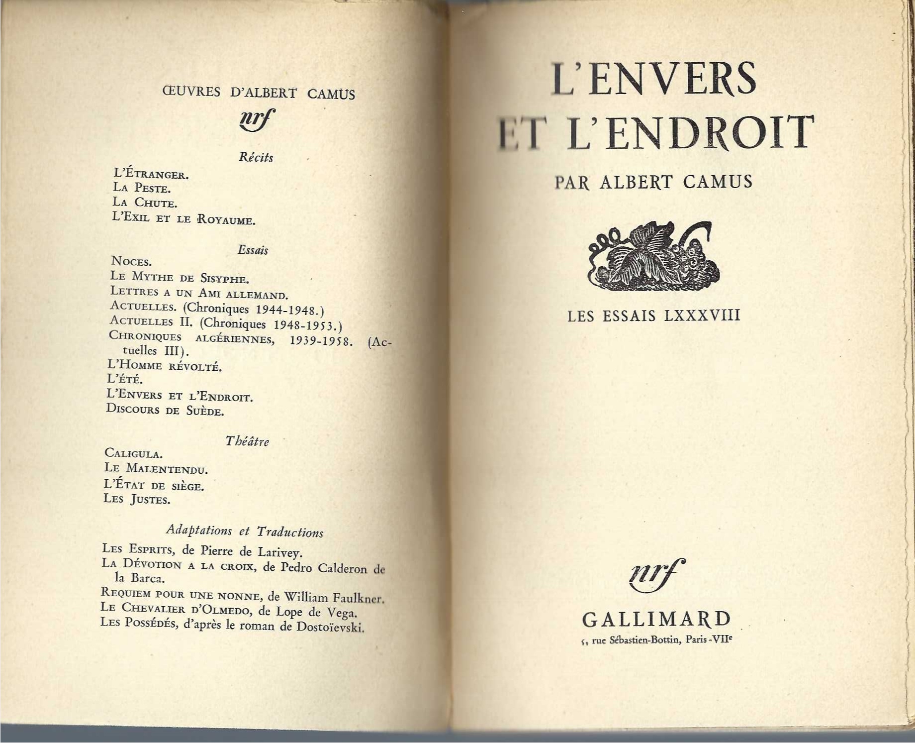 CAMUS ALBERT - L'Envers Et L'Endroit: Les Essais L X X X V I I I