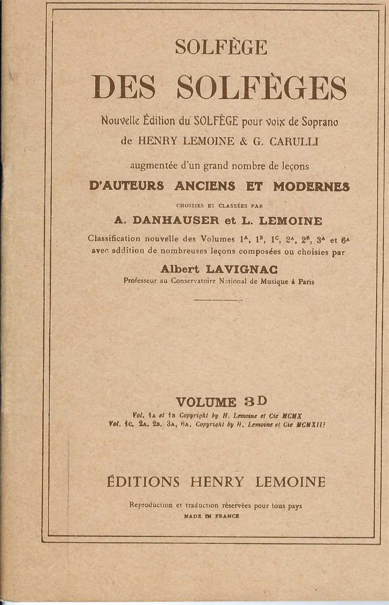 LAVIGNAC ALBERT - Solfege Des Solfeges - Volume 3 D - Nouvelle Edition Du Solfege Pour Voix de Soprano de Henry Lemoine