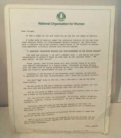[NATIONAL ORGANIZATION FOR WOMEN] [EPHEMERA] - Letter of Congratulations, and Support for the Nomination of Geraldine Ferraro for Vice-President of the United States