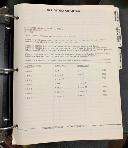 UNITED AIRLINES - Maintenance Manual - Volume 1, Book 4 Advance Revision #226, Dec. 1/82 (States Book One of Two on the Spine)