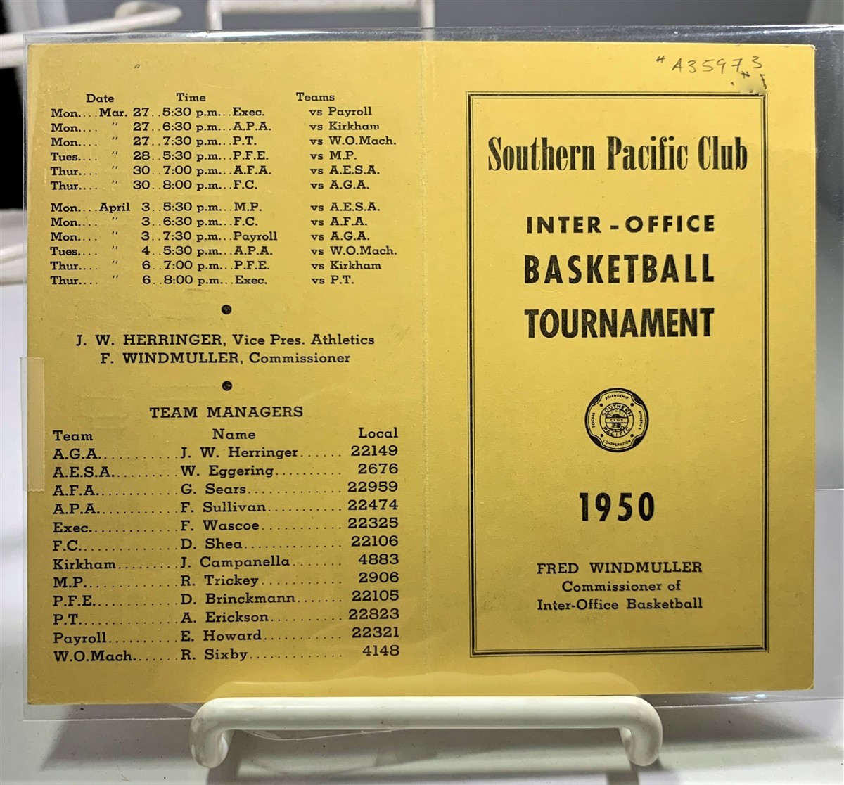 [EPHEMERA] [SOUTHERN PACIFIC CLUB] [INTER-OFFICE BASKETBALL TOURNAMENT], FRED WINDMULLER - Inter-Office Basketball Tournament Schedule Card for the Southern Pacific (Railroad) Club Which Notate Dates for Games 1950