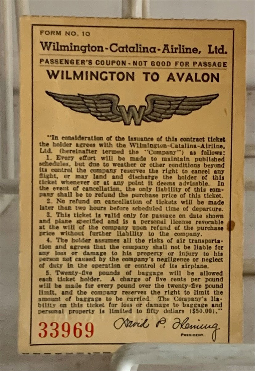 WILMINGTON-CATALINA-AIRLINE, LTD. - Wilmington to Avalon Passenger Coupon (Catalina Island, Ca Ephemera)