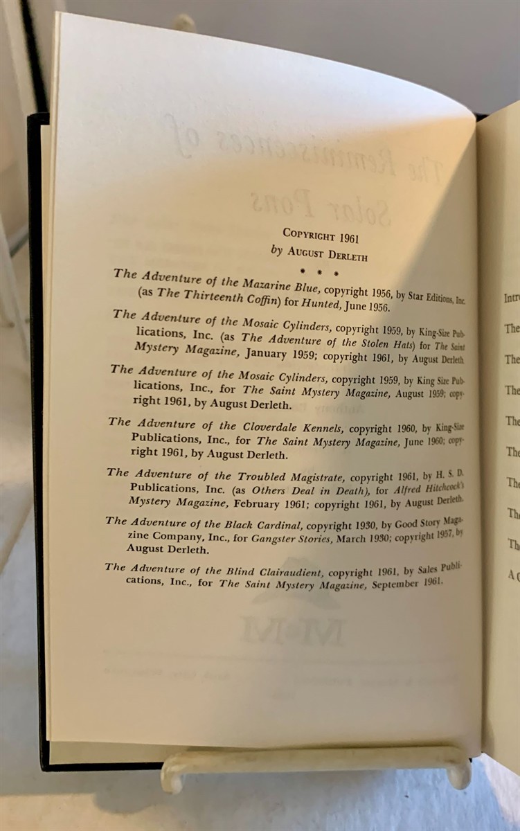 DERLETH, AUGUST (FOREWORD BY ANTHONY BOUCHER) - The Reminiscences of Solar Pons