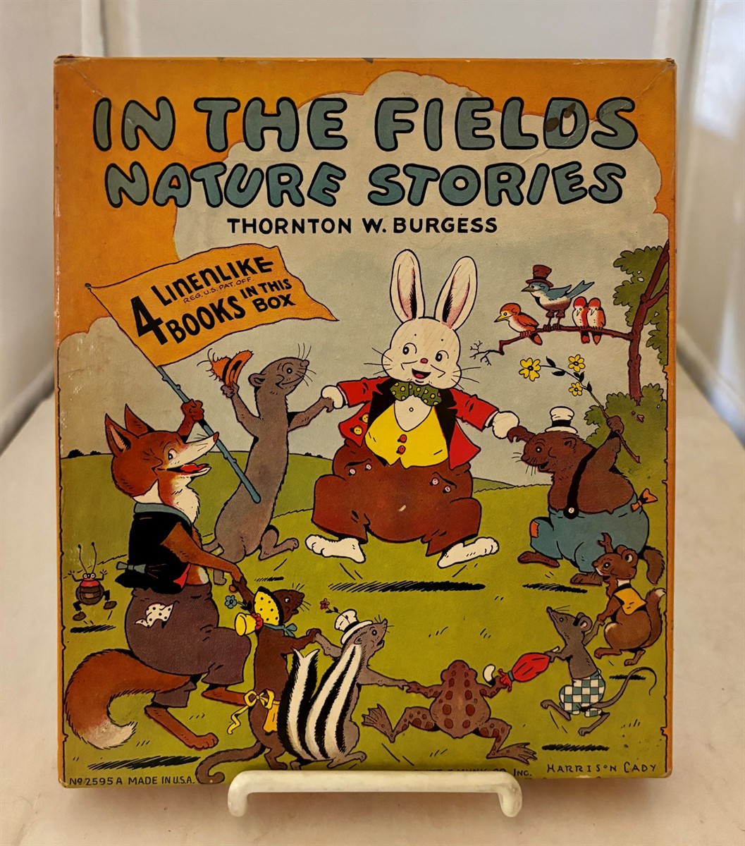 In the Fields Nature Stories 4 Linenlike Books - Reddy Fox's Sudden Engagement, a Robber Meets His Match, Bobby Coon's Mistake, Peter Rabbit Proves a Friend