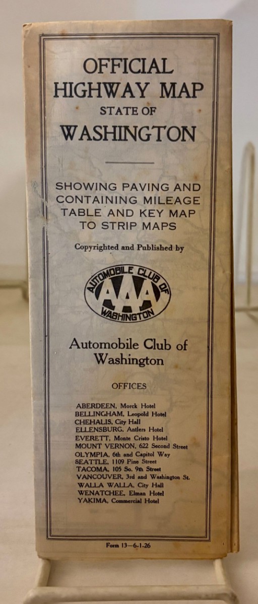 1926 Official Highway Map State of Washington Showing Paving and Containing Mileage Table and Key Map to Strip Maps.