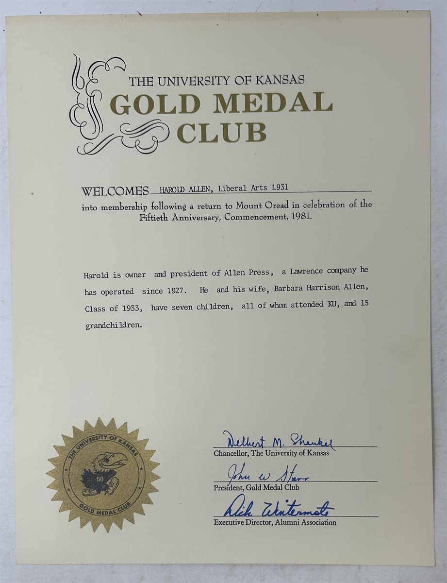 University of Kansas Gold Medal Club Membership Award Certificate