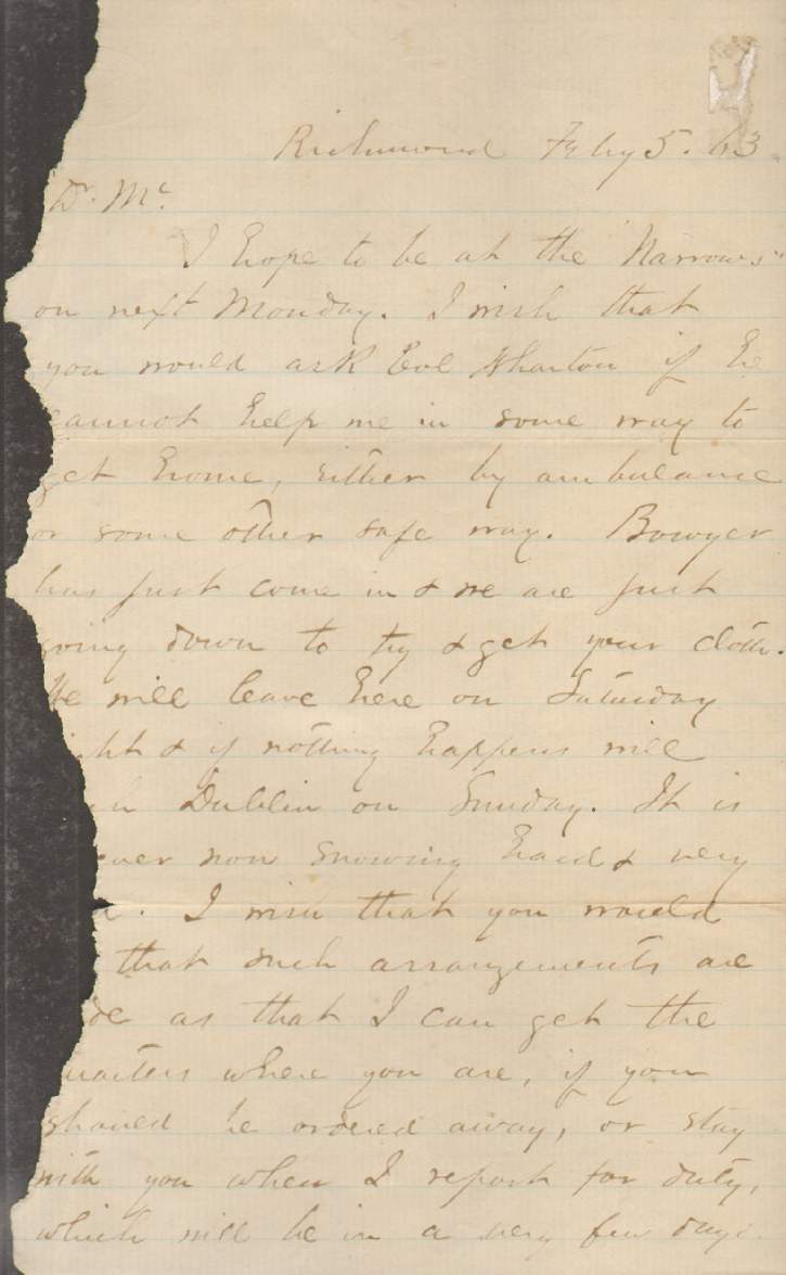 Image for DAMAGED AUTOGRAPH LETTER WRITTEN ON JULY 5, 1863 TO MAJOR WILLIAM MCLAUGHLIN