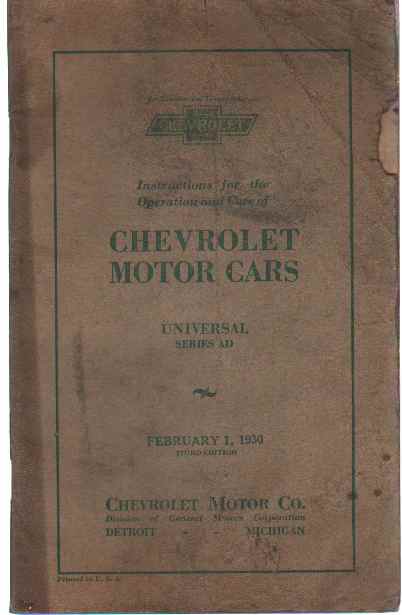 Image for 1930 CHEVROLET INSTRUCTION FOR THE OPERATION AND CARE OF CHEVROLET MOTOR CARS Universal Series AD