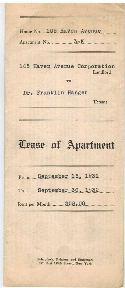 Image for APARTMENT LEASE To Dr. Franklin Hanger 1931