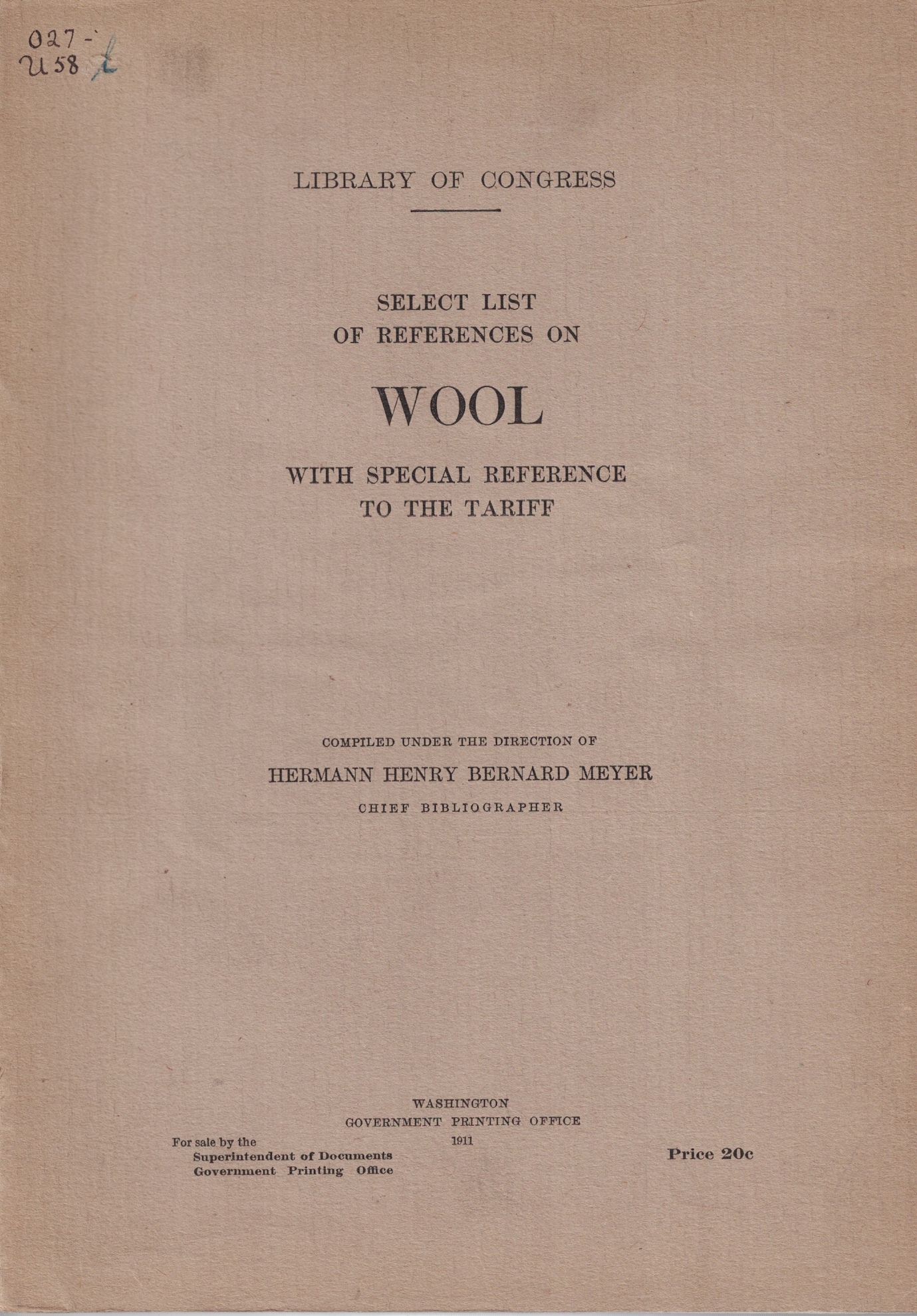 Image for Select List of References on Wool, with Special Reference to the Tariff (Library of Congress)
