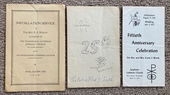 [Lot of 3 items of ephemera related to] Rev. F.J. Werth of Epiphany Evangelical Lutheran Church, Eau Claire, Wisconsin [1940's - 1970's]