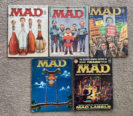 Lot of 5 issues of Mad Magazine: #42, Nov 1958; #52, Jan 1960; #56, July 1960; #58, Oct 1960; The Second Annual Edition of More Trash from Mad (circa 1950)