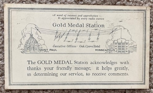 1924 Gold Medal Radio (WCCO) Radio Reception Card [Postcard] [MInnesota]