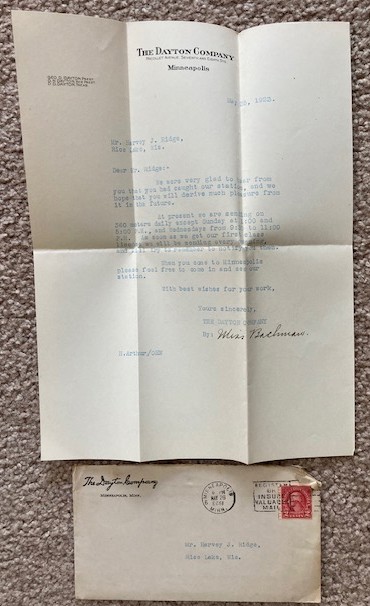 1923 The Dayton Company Radio Reception Letter [Minneapolis, MInnesota]