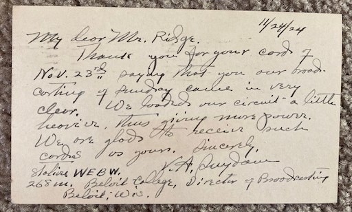 1924 WEBW Beloit College Radio Reception Card [Postcard] [Beloit, WIsconsin]