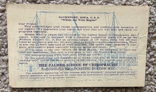 1923 WOC Palmer School of Chiropractic Radio Reception Card [Postcard] [Davenport, Iowa]
