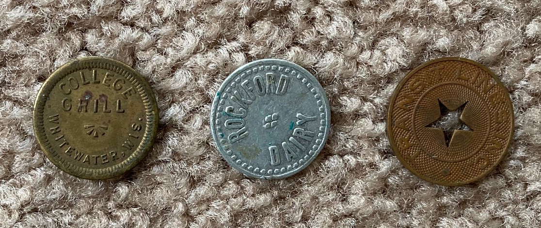 Lot of 3 Wisconsin/Illinois Trade Tokens [likely Circa Early-ish 1900's] [College Grill, Whitewater / Rockford Dairy / Transit Lines, Inc.]