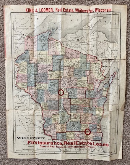 1904 Wisconsin State Map [King & Loomer Real Estate, Wiitewater, Wisconsin]