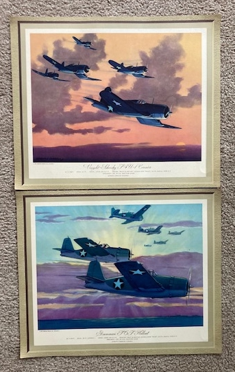 Lot of 2 - WW2 Era Charles Hubbell U.S. Navy Military Aircraft Prints: 1) Vought-Sikorsky F4U-1 Corsairs 2) Grumman F6J Hellcat
