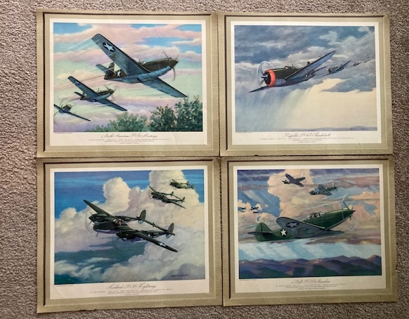Lot of 4 - WW2 Era Charles Hubbell U.S. Army Air Forces Military Aircraft Prints: 1) North American P-51 Mustangs; 2) Republic P-47 Thunderbolts; 3) Lockheed P-38 Lightnings; 4) Bell P-39 Airacobras