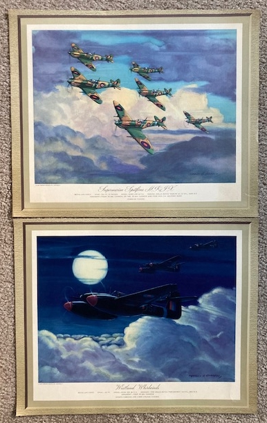 Lot of 2 - WW2 Era Royal Air Force Military Aircraft Prints: 1) Supermarine Spitfires MKIX 2) Westlands Whirlwinds [RAF]