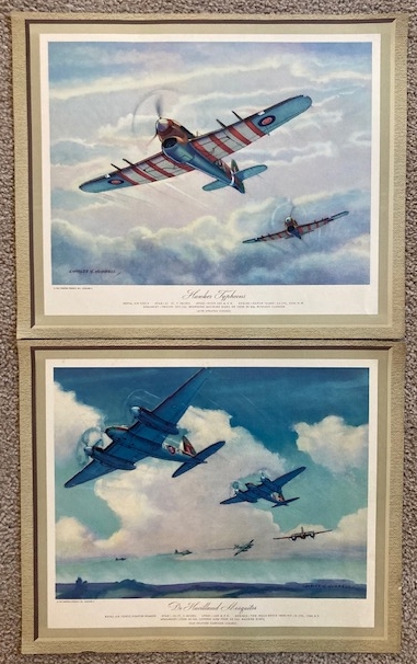 Lot of 2 - WW2 Era Royal Air Force Military Aircraft Prints: 1) Hawker Typhoons 2) De Havilland Mosquitos [RAF]