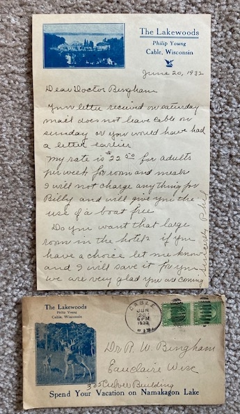 1932 The Lakewoods (cable, Wisconsin) Letter [resort, Lodge]