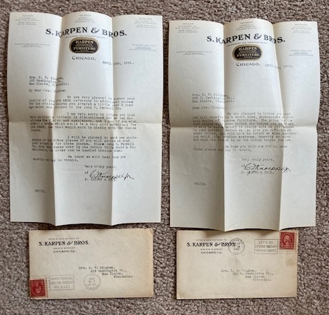 A lot of two 1926 Letters from the S. Karpen & Bros. [Furniture Company ,of Chicago]