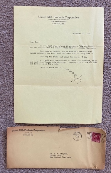 1931 personal letter, on United Milk Products Corporation letterhead [Chicago]
