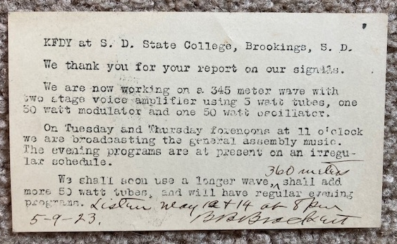 1923 KFDY Radio Reception Card [South Dakota State College]