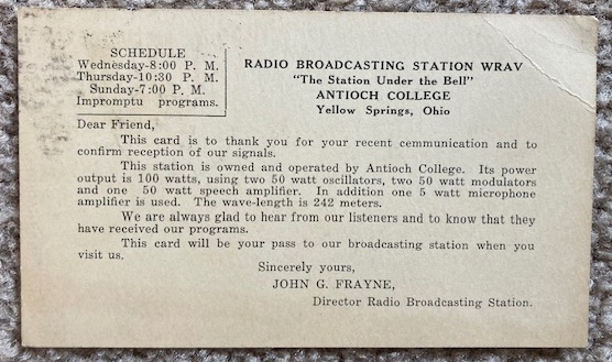 1924 WRAV Radio Reception Card [Antioch College]