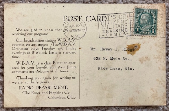 1925 WBAV Radio Reception Card [The Erner and Hopkins Co., Columbus, Ohio]