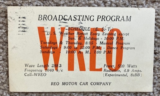 1924 WREO Radio Reception Card [Reo Motor Car Company]