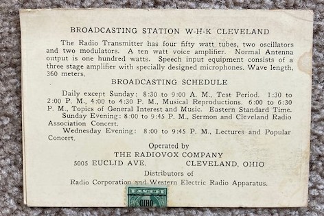 WHK Radio Reception Card [The Radiovox Company] [1924]