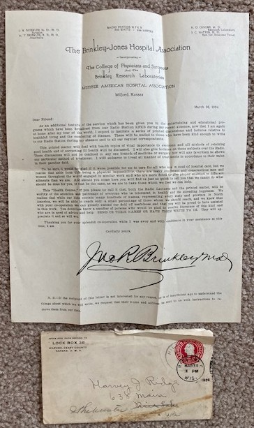 1924 KFKB Radio Station Letter [Dr. J.R.brinkley; Milford Kansas; 