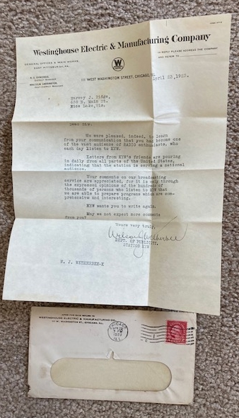 1923 KYW Radio Reception Letter [Westinghouse Electric & Manufacturing Company]