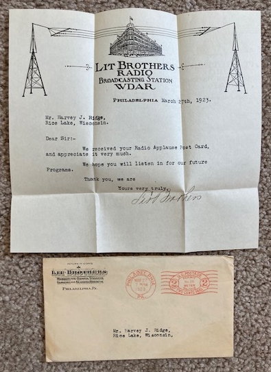 1923 WDAR Radio Reception Letter [Lit Brothers]