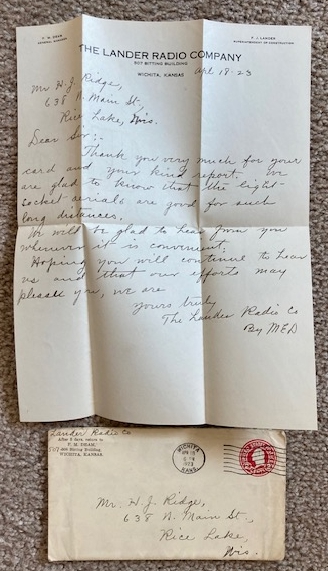 1923 [WEAH] Radio Reception Letter [The Lander Radio Company]
