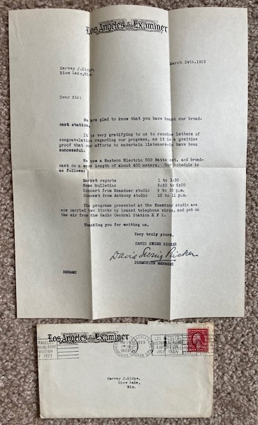 1923 KFI Radio Reception Letter [Los Angeles Examiner]
