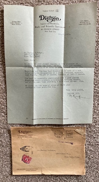 1924 Letter from Dietzen Radio and Scientific Instrument company, of New York