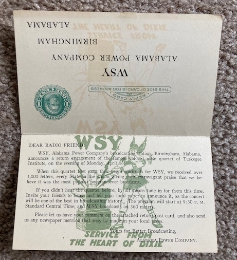 1923 WSY Radio Reception Card [Alabama Power Company]