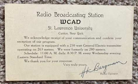 1924 WCAD Radio Reception Card [St. Lawrence University]