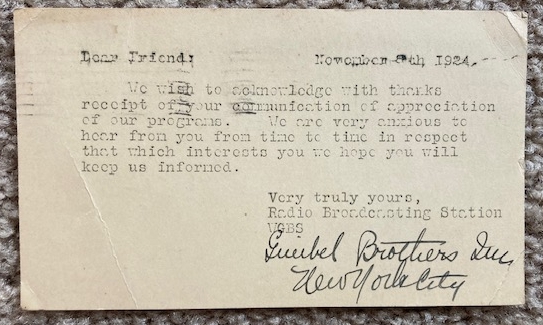 1924 WGBS Radio Reception Card [Gimbel Brothers / Department Store]