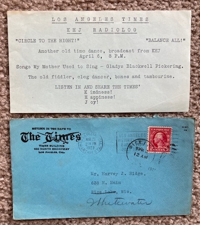 1923 Los Angeles Times KHJ Radiolog [Radio Reception Card]