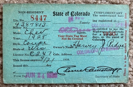 1939 State of Colorado Temporary License Permit [Issued to a Wisconsin residnent in Colorado Springs]
