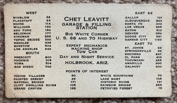 Chet Leavitt Garage & Filling Station advertising card [Holbrook Arizona; at the intersection of US 66 and 70]